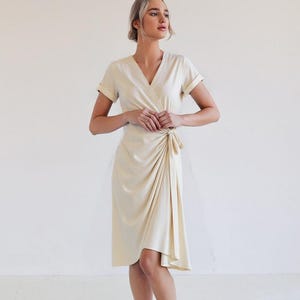 Cream Linen Wrap Dress – Short Sleeve Summer Midi Dress, Tie Waist Elegant Casual Dress, Lightweight Linen Blend for Women