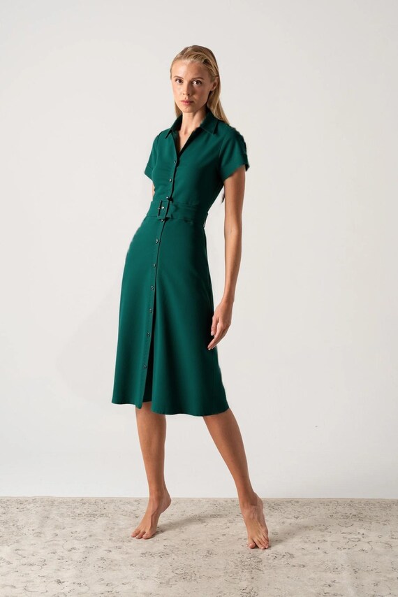 Green Belted Shirt Dress – Button Front Short Sleeve Midi Dress