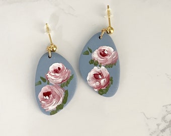 Blue Floral Earrings, Hand Painted Roses, Clay Dangles, Gift For Flower Loving Women