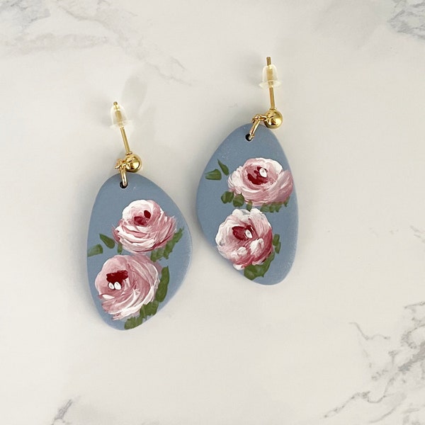 Blue Floral Earrings, Hand Painted Roses, Clay Dangles, Gift For Flower Loving Women