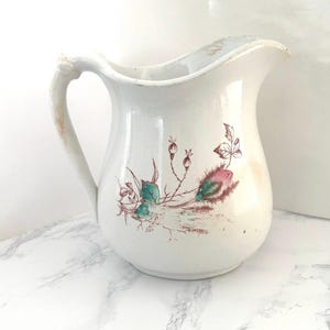 Antique Stained Ironstone Pitcher, Moss Rose, Pink Coquette Roses, Shabby Cottagecore Kitchen Gift