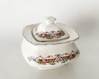 Vintage Floral Sugar Bowl With Lid, Shabby China, Crazed Stained Creamware
