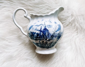 Vintage Blue Transferware Creamer, Johnson Bros. Ironstone, Tulip Time White, Windmill