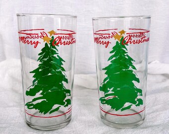 Vintage Merry Christmas Glass Tumblers, Set of 2, Red, Green