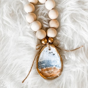 Hand Painted Oyster Shell Napkin Ring: Beach Scene Wine Charm