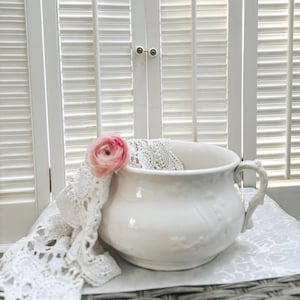 May include: A white ceramic bowl with a handle, adorned with floral relief patterns. A pink flower and a white lace cloth are draped over the bowl's edge. The background features white shutters.