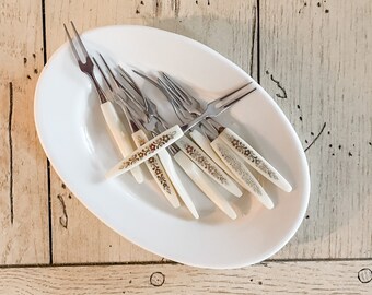 Vintage Cocktail Forks, Set of 9, Mid Century Party Forks, White Plastic Handles