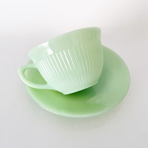 Fire King Jadeite Jane Ray Tea Cup and Saucer Set, 1950-60&#39;s Kitchenware, Green Milk Glass, Retro Kitchen Decor
