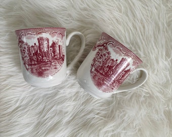 Vintage Red Transferware Coffee Cups, Set of 2, Cottage Chic Farmhouse