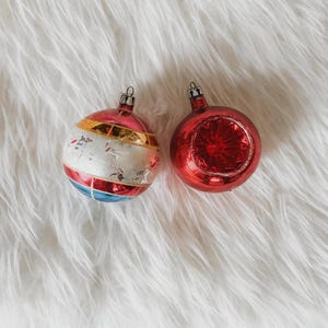 Vintage Red Mercury Glass Ornaments, Set of 2, Red Indent, White, Blue, Gold Stripes
