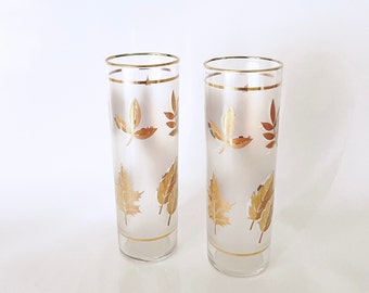 Vintage Frosted Barware, Libbey Golden Foliage High Ball Glasses, MCM