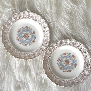 May include: Two round ceramic plates featuring a scalloped edge with an ornate gold filigree pattern. The center of each plate displays a light blue circular border decorated with a colorful floral arrangement of pink, red, and yellow flowers.