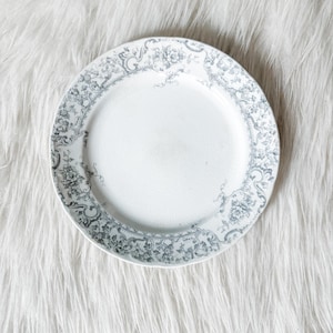 May include: A round ceramic plate featuring a white center and a decorative border with a detailed gray floral and scrollwork pattern. The plate has a smooth, slightly textured surface and a scalloped edge, showcasing intricate botanical motifs.