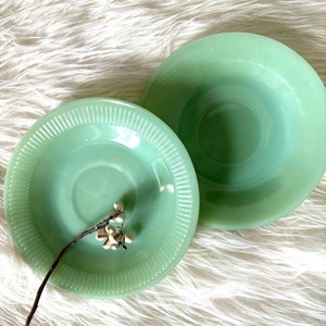Vintage Jadeite Saucers, Set of 2 Fire King Oven Glass Jane Ray Pattern