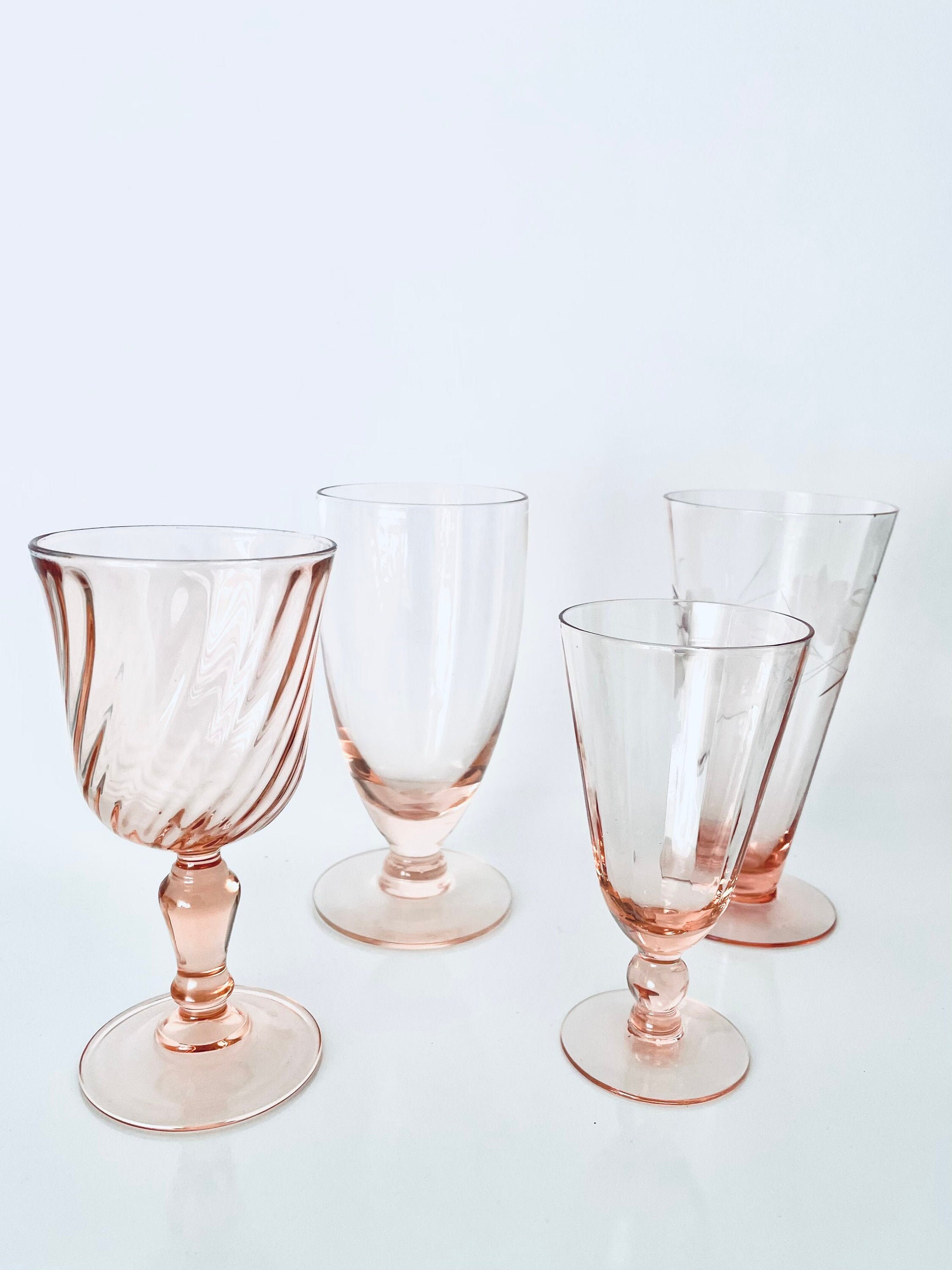 Vintage Frosted Dusty Rose-Color Stem Deco-Style Wine Glasses- Set of 9