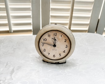 Vintage White Alarm Clock, Westclox Baby Ben Style 6, NO GLASS, Cottage Farmhouse