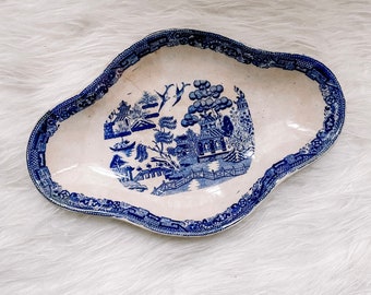Antique Blue Transferware Dish, Oval Plate, Aestetic Period, Stained Ironstone