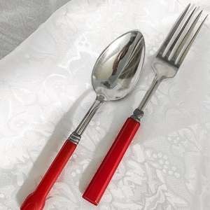 Vintage Fork & Spoon Set of 2, Red Bakelite, Mid Century Forks, Mix and Match