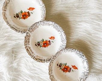 Antique Berry Bowls, Set of 3 Floral China, Shabby Cottage Table Decor, Orange Boho Decor