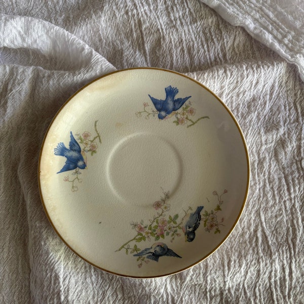 Vintage Bluebird Pattern Saucer, Stained and Crazed, Cottage Farmhouse