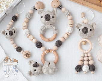 Personalized Hanging Koala Value Set Stroller Chain Pendant Gripping Ring Pacifier Chain Baby Shower Baptism Birth Gift with engraving