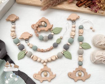 Dino set made of natural wood, mom gift, baby gift, baptism, stroller chain, pacifier chain, Amigurumi Montesorri baby shower mint