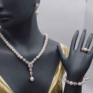 Luxury Natural Freshwater Pearl Jewelry Set, Elegant Bridal Necklace, Bracelet, Earrings & Ring, Real Pearls, Zircon Accents, Gift for Her