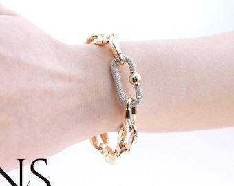 14K massief gouden schakelarmband met pavé schakel, 18 cm luxe gouden armband, handgemaakte fijne sieraden cadeau