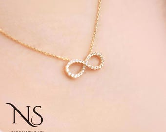 Gold Infinity Necklace, 14K Yellow Gold Endless Symbol Pendant, Dainty Handmade Chain, Diamond-Like Sparkle, Gift for Her