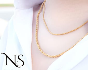 Collar de cadena de cuerda de oro de 14 quilates, opciones finas y gruesas, cadena torcida de oro macizo de 1 mm o 3 mm, cadena de capas delicada o llamativa, regalo de oro auténtico para ella.