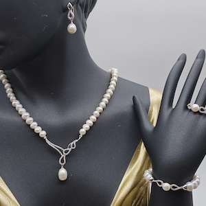 Elegant Freshwater Pearl Jewelry Set, Handmade Necklace, Earrings, Ring and Bracelet, Classic Bridal Jewelry Gift, Real Pearls for Her