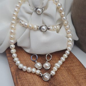 Minimalist Silver Framed Natural Pearl Jewelry Set, Round Freshwater Pearls Necklace, Earrings, Bracelet  Ring, Dainty Elegant Gift for Her