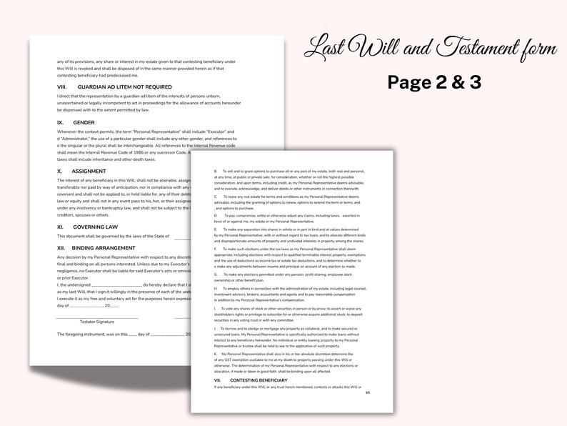 Last Will and Testament Template, Legal Document for Estate Planning ...