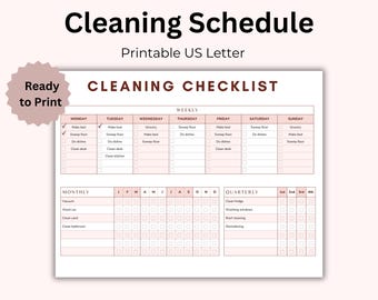 May include: A printable cleaning checklist with a weekly, monthly, and quarterly schedule. The checklist includes tasks like making the bed, sweeping the floor, doing dishes, and cleaning the kitchen. It also includes tasks like vacuuming, washing the car, and cleaning the bathroom.