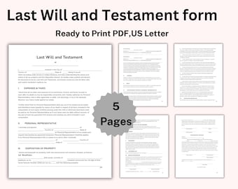 Printable Last Will and Testament Template PDF Instant Download Estate