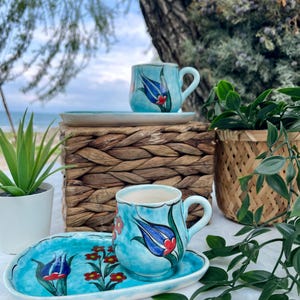 Handmade Turkish Ceramic Coffee Set: Ottoman Style Cup & Bowl