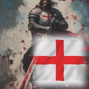 Puede incluir: Una representación artística de un caballero con armadura brillante, sosteniendo una espada, con una cruz roja en el pecho. Una bandera blanca con una cruz roja está en primer plano, con un fondo pictórico de tonos rojos y azules.
