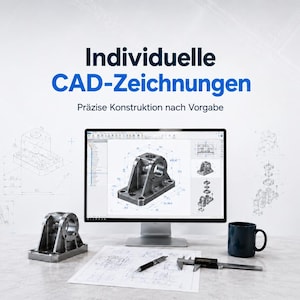 Pode incluir: Um monitor de computador exibindo um modelo CAD 3D de um suporte mecânico, com um suporte de metal físico, um desenho técnico impresso, uma caneta, um paquímetro digital e uma caneca azul escura dispostos sobre uma mesa sob o texto Individuelle CAD-Zeichnungen.