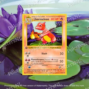 May include: A Charmeleon Pokemon card from the first edition of the Pokemon Trading Card Game. The card features an illustration of Charmeleon, a fire-type Pokemon, with orange and yellow coloring. The card has a white background with black text and a red border. The card's name, "Charmeleon", is printed in large, bold letters at the top of the card. The card's HP is 80. The card has two attacks: "Slash" for 30 damage and "Flamethrower" for 50 damage. The card also has a retreat cost of 1 energy card.