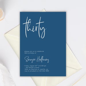 Blue Thirty Birthday Invitation Template, Editable 30th Birthday Invite, 30th Birthday Invitation for Man, Digital Printable Birthday Invite