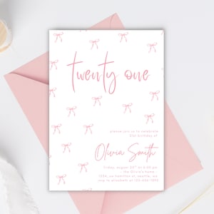 Pink Bow 21st Birthday Invitation Template, Editable 21st Coquette Birthday Invite, Twenty One Birthday Party Invite, Printable Digital 21st