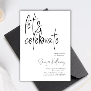 Let&#39;s Celebrate Birthday Party Invitation Editable Template, Black White Invite, 30th Birthday Invitation, Surprise Birthday Party Invites