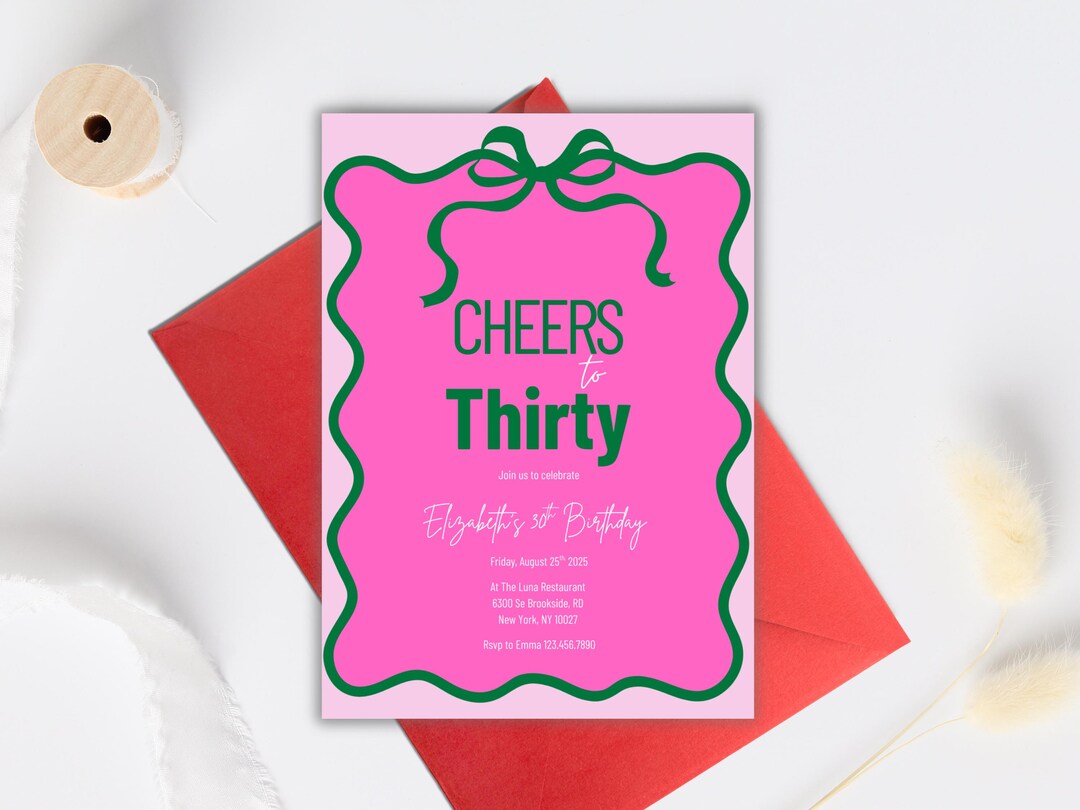 Wavy Border 30th Birthday Invitation: Green & Pink (digital Download ...