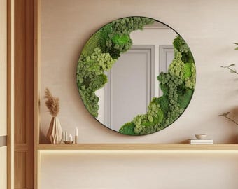 Moss Wall Mirror Round – Natural Botanical Decor, Large 32” Eco Green Accent, Maintenance-Free Rustic Home Art