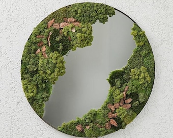 Preserved Moss Design, Handmade Moss Mirror: Natural Lichen & Bark, Metal Frame 32"