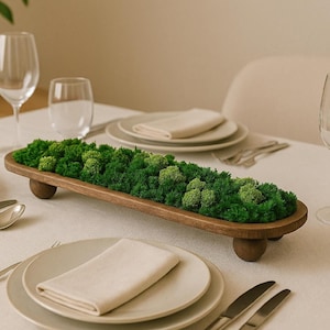Moss Centerpiece in Wooden Tray – Eco Table Decor, Rustic Preserved Moss Table Centerpiece, Green Botanical Accent 24” x 4” x 6”