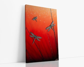 Dragonfly Painting, Nature Art Print, Landscape Art, Dragonfly Art Print, Red