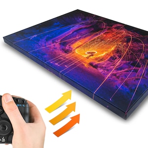K&ouml;nnte beinhalten: Ein Leinwanddruck mit einem lebendigen, abstrakten Bild in feurigen Orange- und Gelbt&ouml;nen vor einem dunkelblauen und violetten Hintergrund. Eine Kamera zeigt dasselbe Bild. Drei Pfeile zeigen auf die Leinwand.