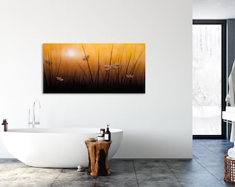 Dragonfly Painting, Nature Art Print, Landscape Art, Dragonfly Art Print, Yellow