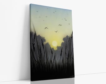 Nature Painting, Landscape Art Print With Birds, Tree Painting